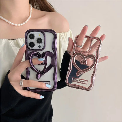 For iPhone 13 Pro Max Clear Phone Cover Heart Shape Kickstand Electroplated TPU Cell Phone Case
