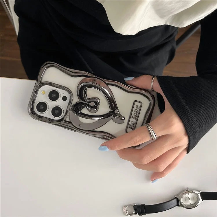 For iPhone 12 Pro Case Stylish Heart Kickstand Phone Cover Electroplated TPU Clear Cell Phone Shell