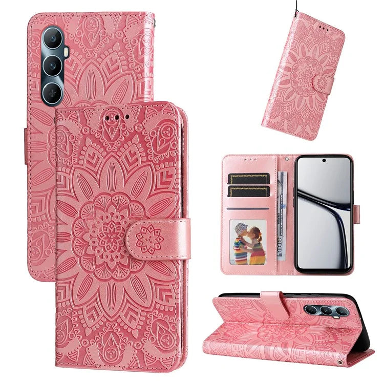 For Realme C65 4G Case Wallet Stand Sunflower Imprinted Leather Phone Cover