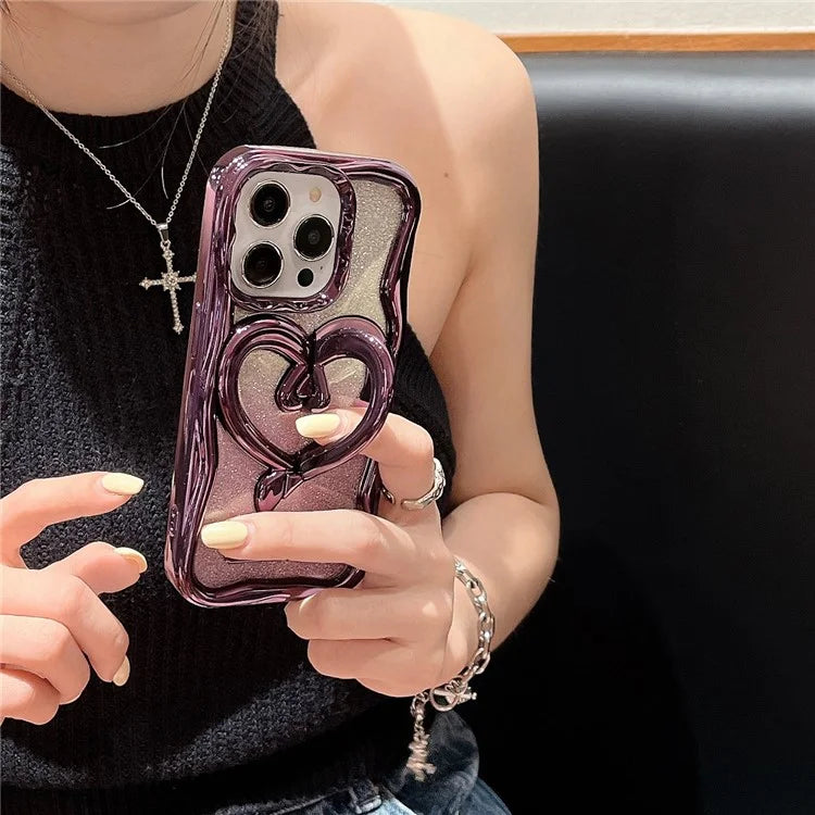 For iPhone 14 Pro Glitter Paper Phone Case Electroplated TPU Clear Cover with Kickstand