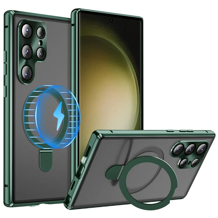 For Samsung Galaxy S23 Ultra Magnetic Phone Case Kickstand Frosted PC Shell with HD Tempered Glass Film