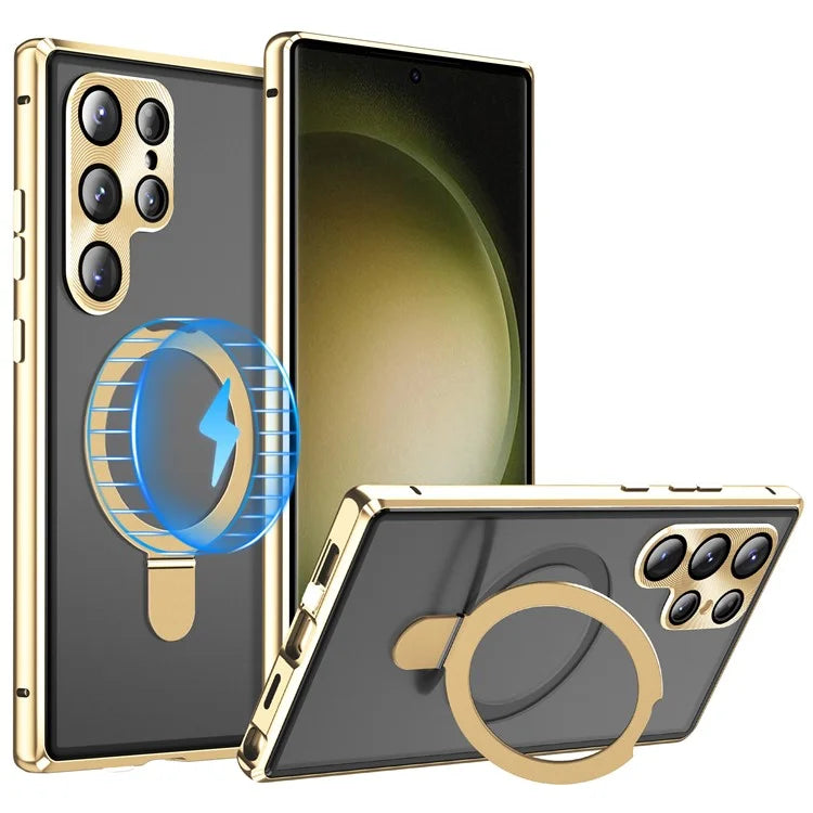 For Samsung Galaxy S23 Ultra Magnetic Phone Case Kickstand Frosted PC Shell with HD Tempered Glass Film
