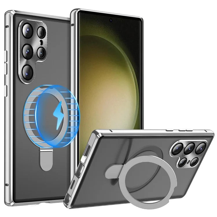 For Samsung Galaxy S23 Ultra Magnetic Phone Case Kickstand Frosted PC Shell with HD Tempered Glass Film