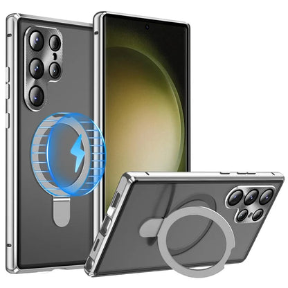 For Samsung Galaxy S23 Ultra Magnetic Phone Case Kickstand Frosted PC Shell with HD Tempered Glass Film
