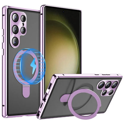 For Samsung Galaxy S23 Ultra Magnetic Phone Case Kickstand Frosted PC Shell with HD Tempered Glass Film