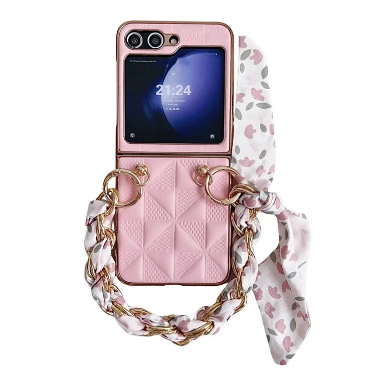 For Samsung Galaxy Z Flip5 5G Case Grid Pattern Leather + PC Electroplating Phone Cover