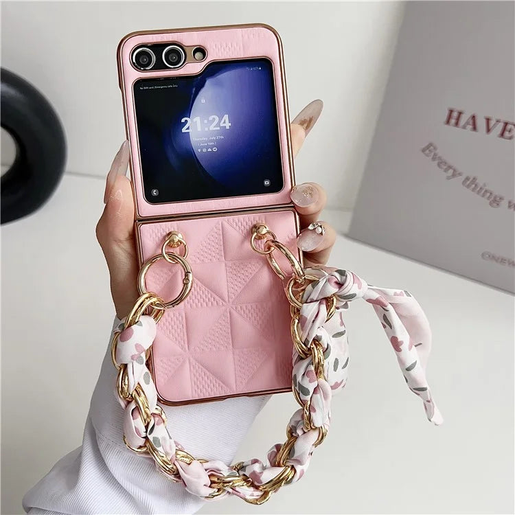 For Samsung Galaxy Z Flip5 5G Case Grid Pattern Leather + PC Electroplating Phone Cover