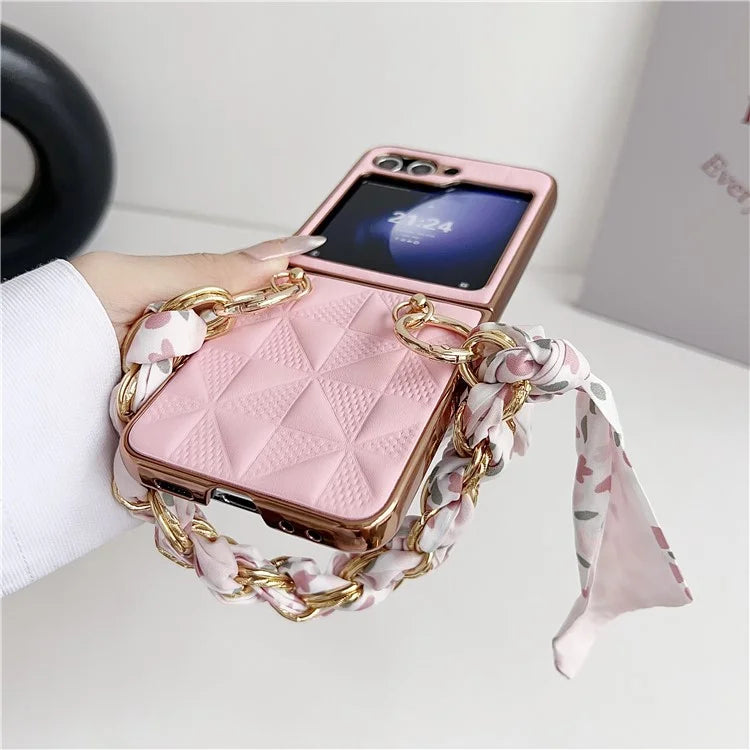 For Samsung Galaxy Z Flip5 5G Case Grid Pattern Leather + PC Electroplating Phone Cover