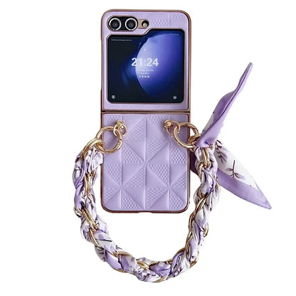 For Samsung Galaxy Z Flip5 5G Case Grid Pattern Leather + PC Electroplating Phone Cover