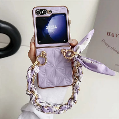 For Samsung Galaxy Z Flip5 5G Case Grid Pattern Leather + PC Electroplating Phone Cover