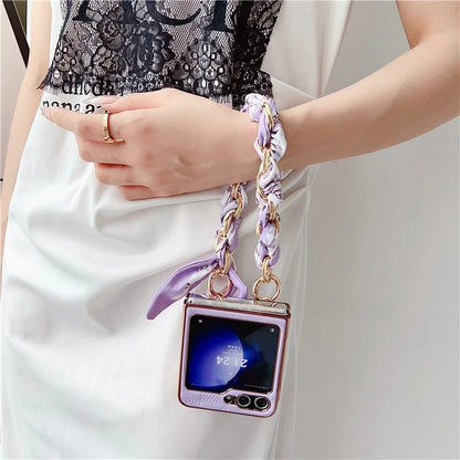 For Samsung Galaxy Z Flip5 5G Case Grid Pattern Leather + PC Electroplating Phone Cover