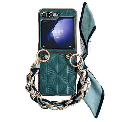 For Samsung Galaxy Z Flip5 5G Case Grid Pattern Leather + PC Electroplating Phone Cover