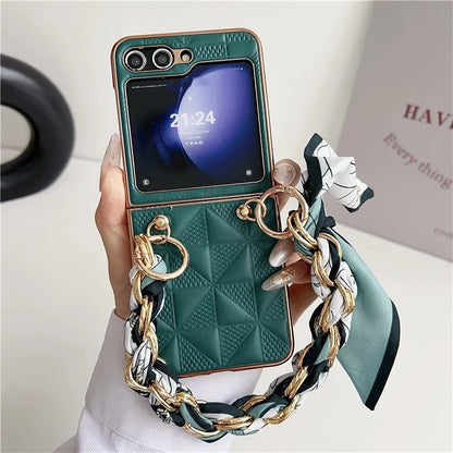 For Samsung Galaxy Z Flip5 5G Case Grid Pattern Leather + PC Electroplating Phone Cover