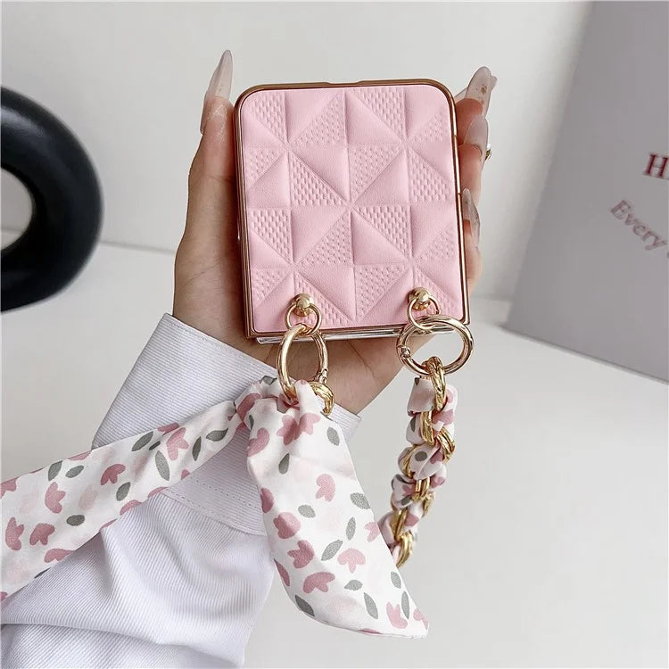 For Samsung Galaxy Z Flip5 5G Case Grid Pattern Leather + PC Electroplating Phone Cover