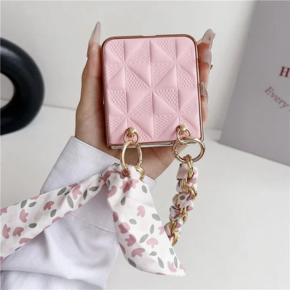 For Samsung Galaxy Z Flip5 5G Case Grid Pattern Leather + PC Electroplating Phone Cover