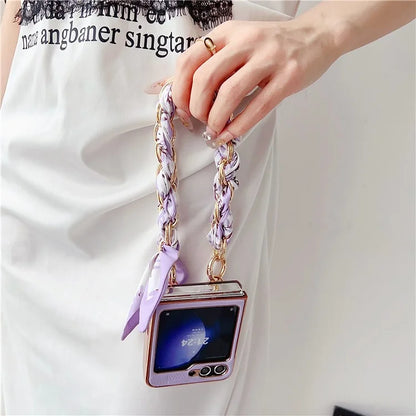 For Samsung Galaxy Z Flip5 5G Case Grid Pattern Leather + PC Electroplating Phone Cover