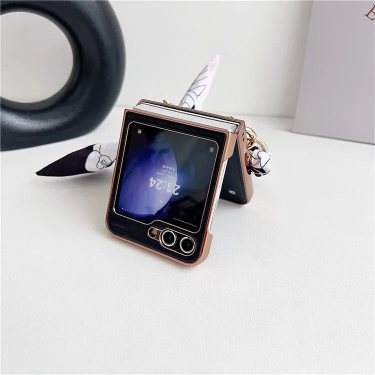 For Samsung Galaxy Z Flip5 5G Case Grid Pattern Leather + PC Electroplating Phone Cover
