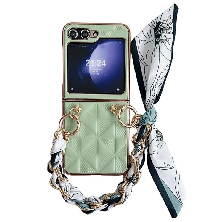 For Samsung Galaxy Z Flip5 5G Case Grid Pattern Leather + PC Electroplating Phone Cover