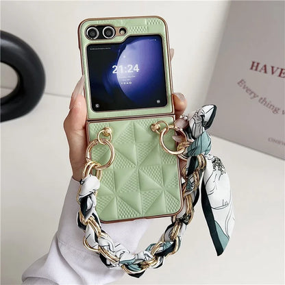 For Samsung Galaxy Z Flip5 5G Case Grid Pattern Leather + PC Electroplating Phone Cover