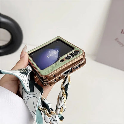 For Samsung Galaxy Z Flip5 5G Case Grid Pattern Leather + PC Electroplating Phone Cover