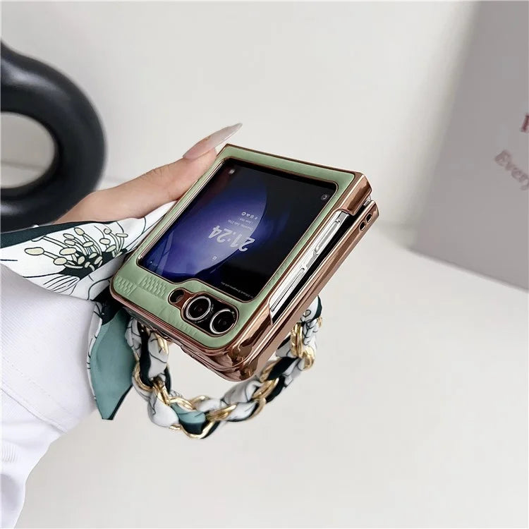 For Samsung Galaxy Z Flip5 5G Case Grid Pattern Leather + PC Electroplating Phone Cover