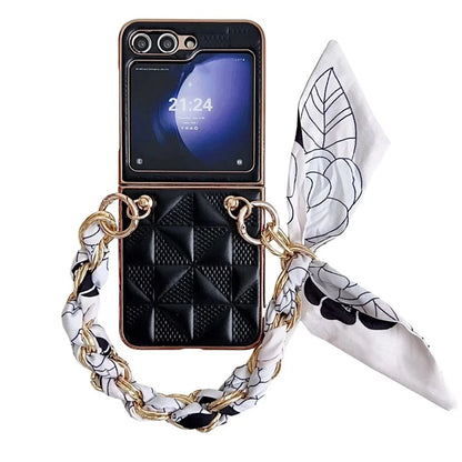 For Samsung Galaxy Z Flip5 5G Case Grid Pattern Leather + PC Electroplating Phone Cover