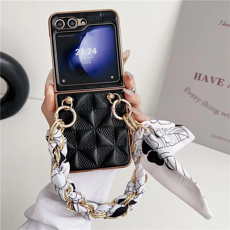 For Samsung Galaxy Z Flip5 5G Case Grid Pattern Leather + PC Electroplating Phone Cover
