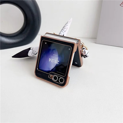 For Samsung Galaxy Z Flip5 5G Case Grid Pattern Leather + PC Electroplating Phone Cover