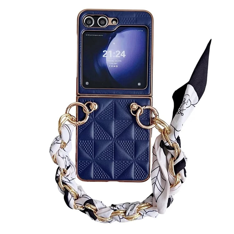 For Samsung Galaxy Z Flip5 5G Case Grid Pattern Leather + PC Electroplating Phone Cover
