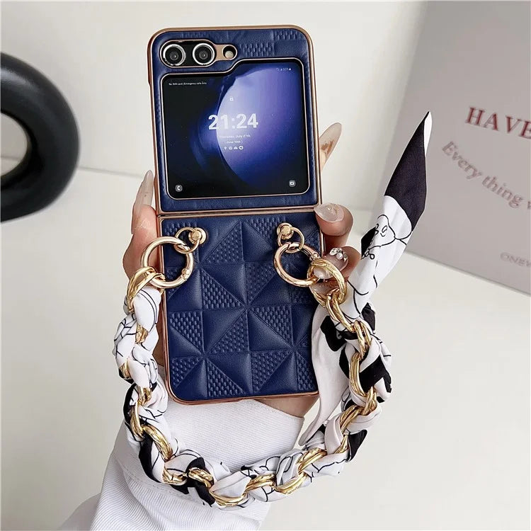 For Samsung Galaxy Z Flip5 5G Case Grid Pattern Leather + PC Electroplating Phone Cover