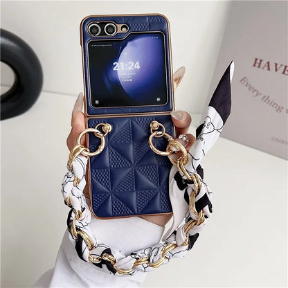 For Samsung Galaxy Z Flip5 5G Case Grid Pattern Leather + PC Electroplating Phone Cover
