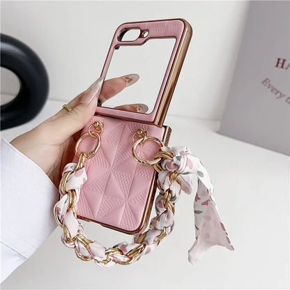 For Samsung Galaxy Z Flip5 5G Case Grid Pattern Leather + PC Electroplating Phone Cover