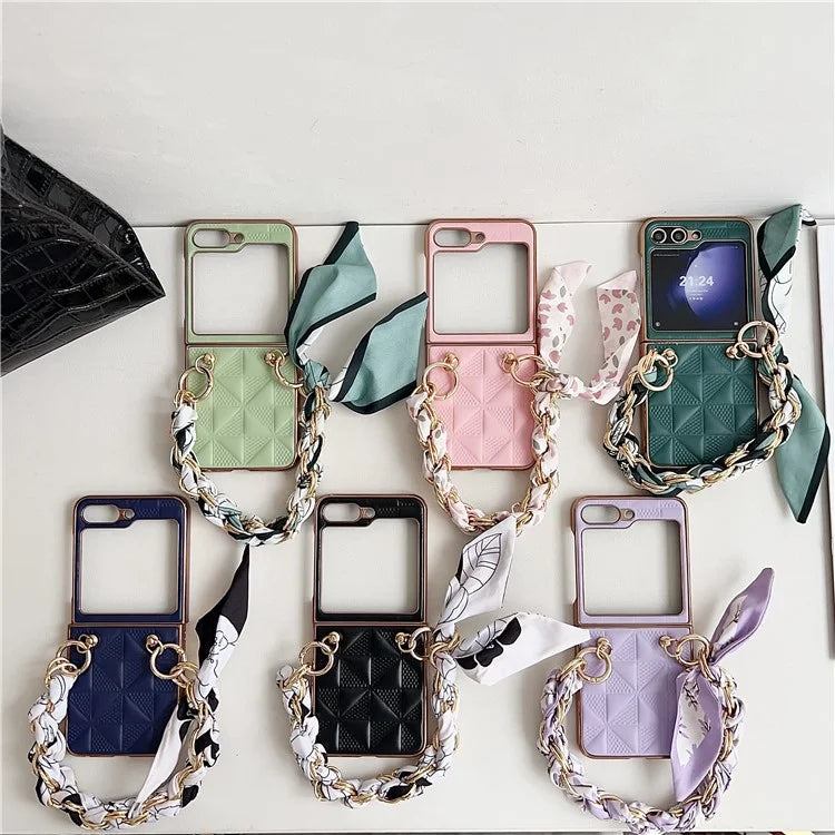 For Samsung Galaxy Z Flip5 5G Case Grid Pattern Leather + PC Electroplating Phone Cover