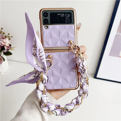 For Samsung Galaxy Z Flip3 5G Case Electroplating PU+PC Phone Cover with Strap