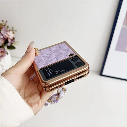 For Samsung Galaxy Z Flip3 5G Case Electroplating PU+PC Phone Cover with Strap