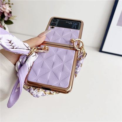 For Samsung Galaxy Z Flip3 5G Case Electroplating PU+PC Phone Cover with Strap