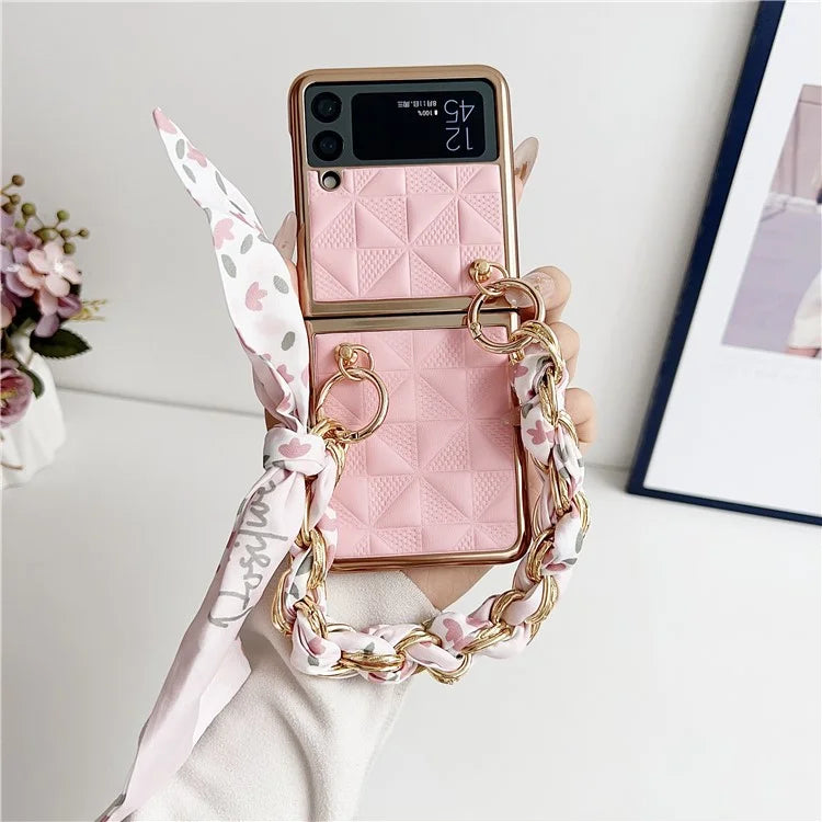 For Samsung Galaxy Z Flip3 5G Case Electroplating PU+PC Phone Cover with Strap