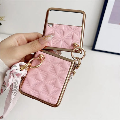 For Samsung Galaxy Z Flip3 5G Case Electroplating PU+PC Phone Cover with Strap