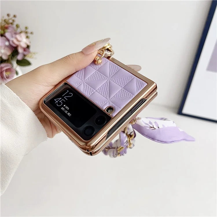For Samsung Galaxy Z Flip3 5G Case Electroplating PU+PC Phone Cover with Strap