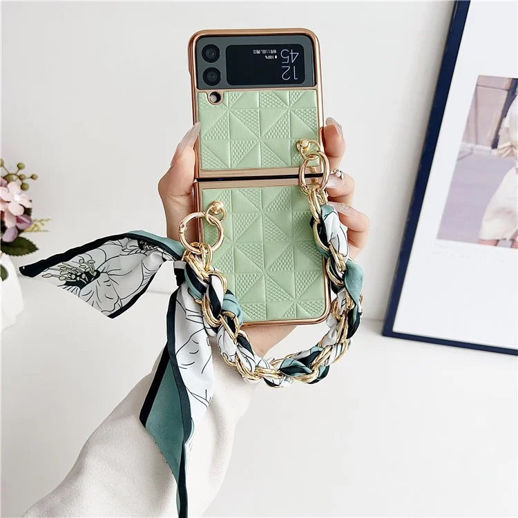 For Samsung Galaxy Z Flip3 5G Case Electroplating PU+PC Phone Cover with Strap