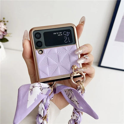 For Samsung Galaxy Z Flip3 5G Case Electroplating PU+PC Phone Cover with Strap