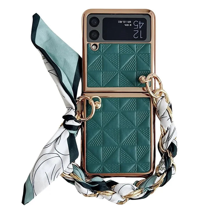 For Samsung Galaxy Z Flip3 5G Case Electroplating PU+PC Phone Cover with Strap