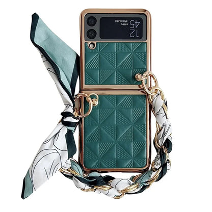 For Samsung Galaxy Z Flip3 5G Case Electroplating PU+PC Phone Cover with Strap