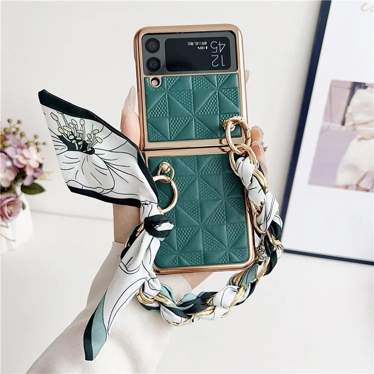 For Samsung Galaxy Z Flip3 5G Case Electroplating PU+PC Phone Cover with Strap