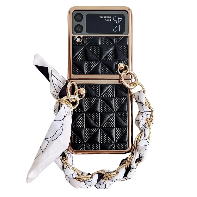 For Samsung Galaxy Z Flip3 5G Case Electroplating PU+PC Phone Cover with Strap