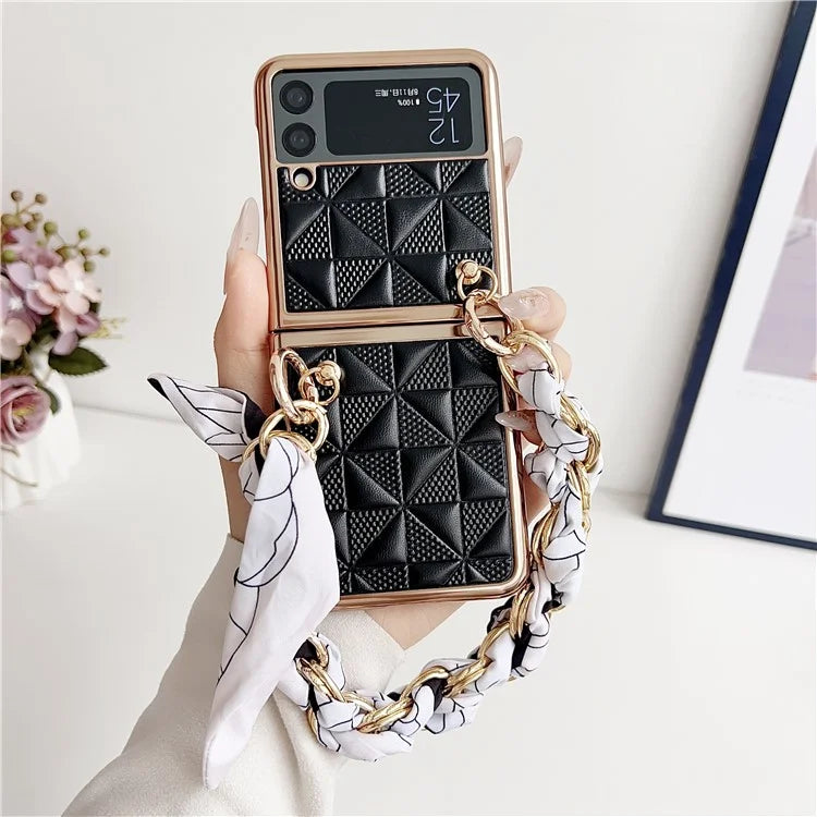 For Samsung Galaxy Z Flip3 5G Case Electroplating PU+PC Phone Cover with Strap