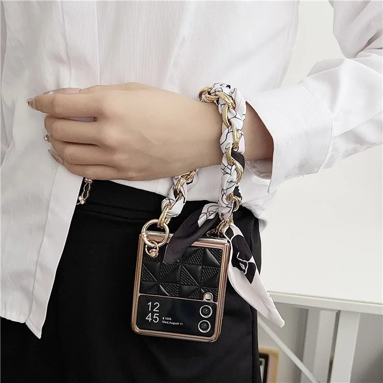 For Samsung Galaxy Z Flip3 5G Case Electroplating PU+PC Phone Cover with Strap