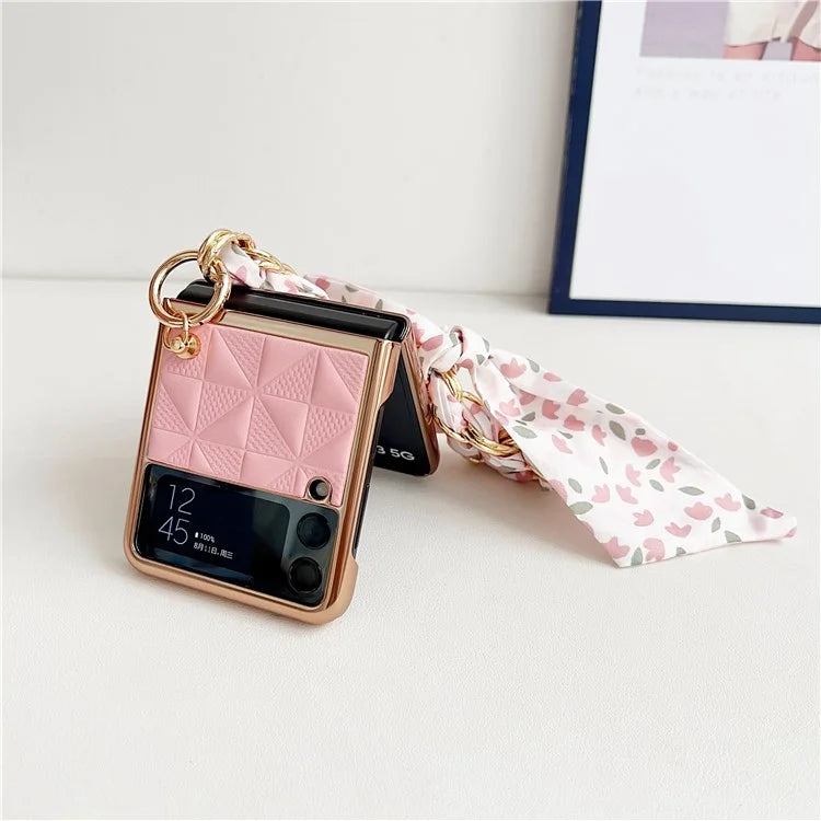 For Samsung Galaxy Z Flip3 5G Case Electroplating PU+PC Phone Cover with Strap