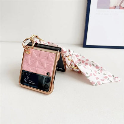 For Samsung Galaxy Z Flip3 5G Case Electroplating PU+PC Phone Cover with Strap
