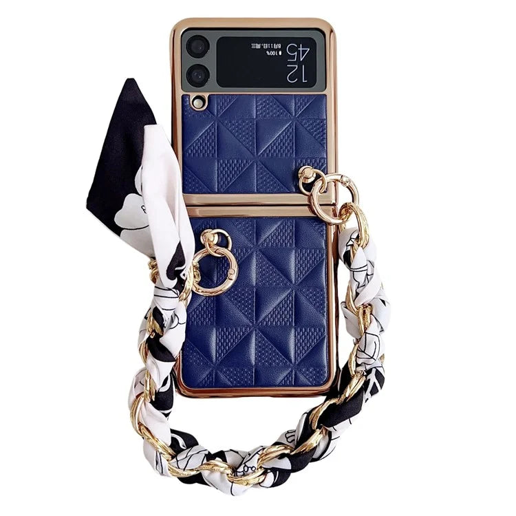 For Samsung Galaxy Z Flip3 5G Case Electroplating PU+PC Phone Cover with Strap